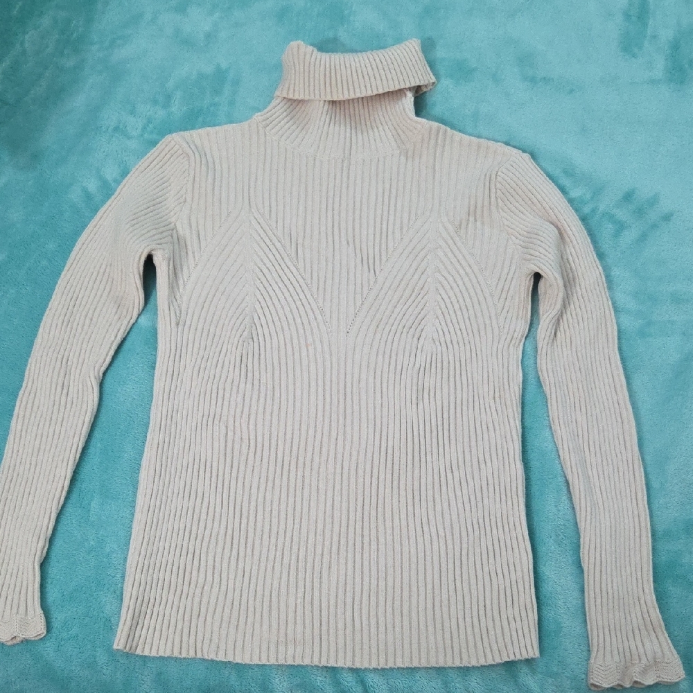 NINA KAUFMANN, Cream Ribbed Turtleneck Sweater